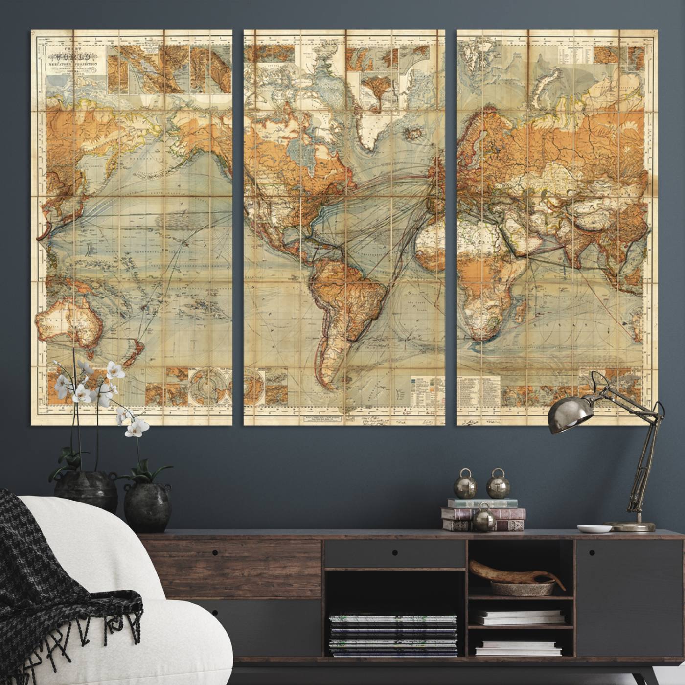 91338-MGV-CV-36X24-Chart of the World on Mercator Vintage World Map Wall Art Canvas Print, Historical World Map Print, Large Antique World Map Wall Art
