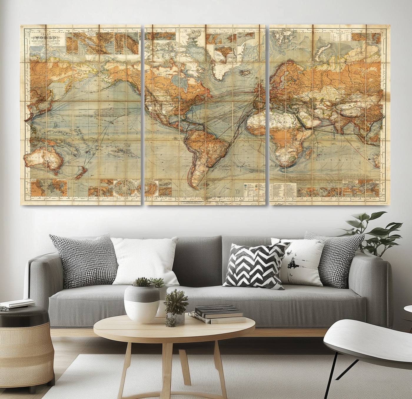91338-MGV-CV-36X24-Chart of the World on Mercator Vintage World Map Wall Art Canvas Print, Historical World Map Print, Large Antique World Map Wall Art