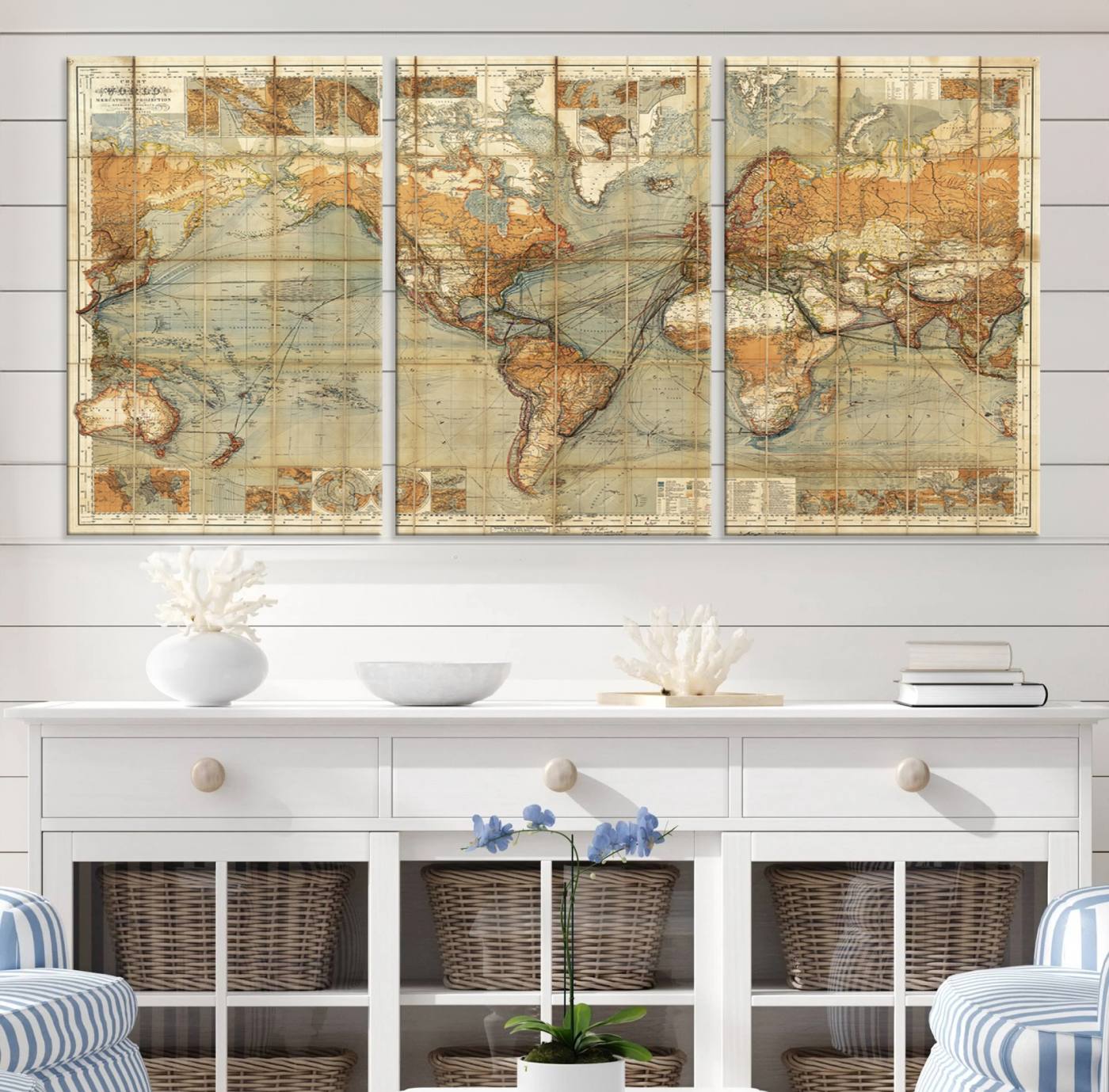 91338-MGV-CV-36X24-Chart of the World on Mercator Vintage World Map Wall Art Canvas Print, Historical World Map Print, Large Antique World Map Wall Art