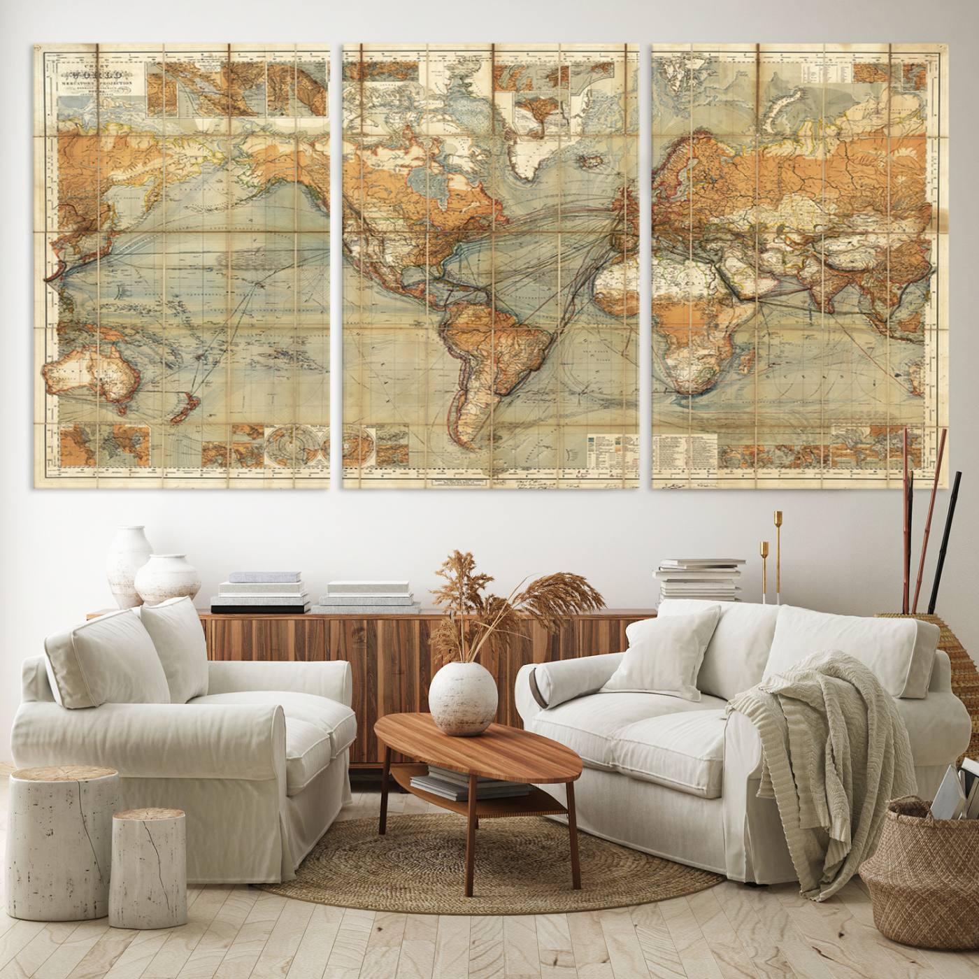 91338-MGV-CV-36X24-Chart of the World on Mercator Vintage World Map Wall Art Canvas Print, Historical World Map Print, Large Antique World Map Wall Art