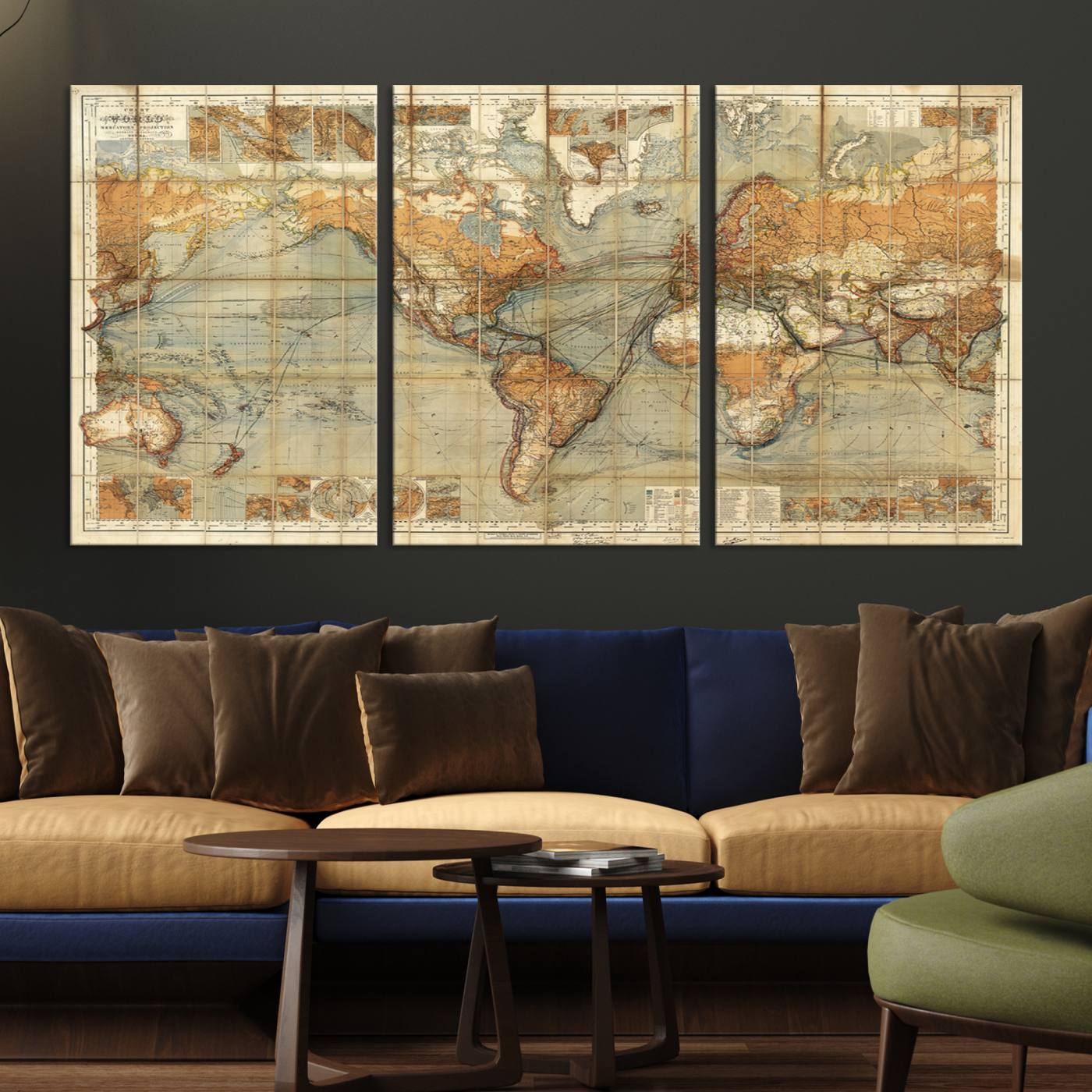 91338-MGV-CV-36X24-Chart of the World on Mercator Vintage World Map Wall Art Canvas Print, Historical World Map Print, Large Antique World Map Wall Art