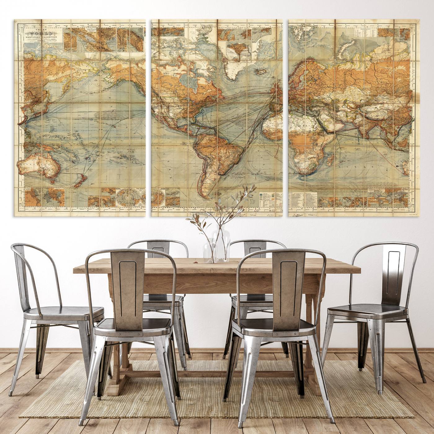 91338-MGV-CV-36X24-Chart of the World on Mercator Vintage World Map Wall Art Canvas Print, Historical World Map Print, Large Antique World Map Wall Art