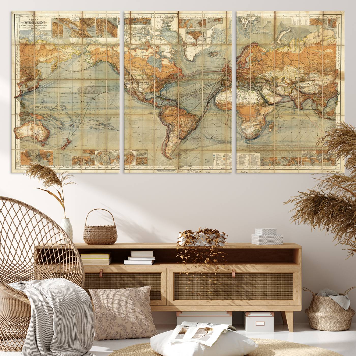 91338-MGV-CV-36X24-Chart of the World on Mercator Vintage World Map Wall Art Canvas Print, Historical World Map Print, Large Antique World Map Wall Art