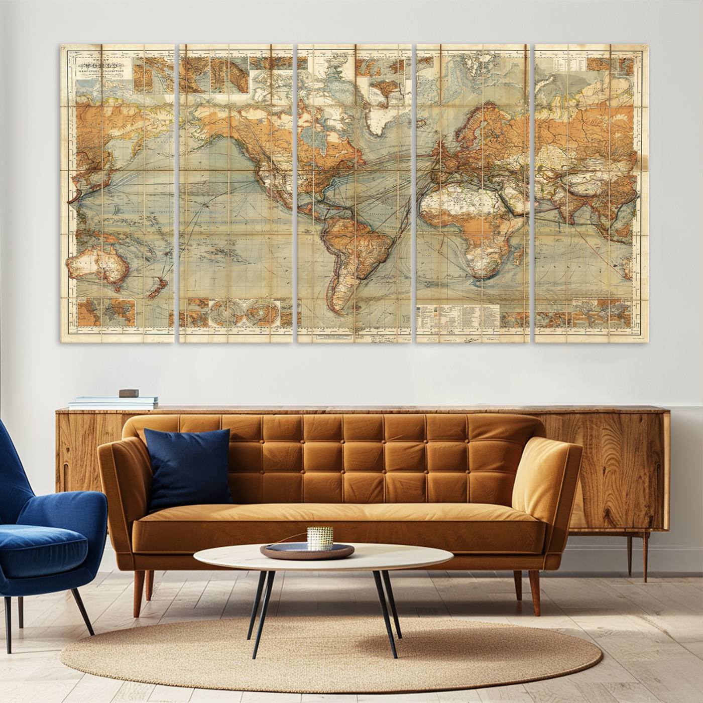 91338-MGV-CV-36X24-Chart of the World on Mercator Vintage World Map Wall Art Canvas Print, Historical World Map Print, Large Antique World Map Wall Art