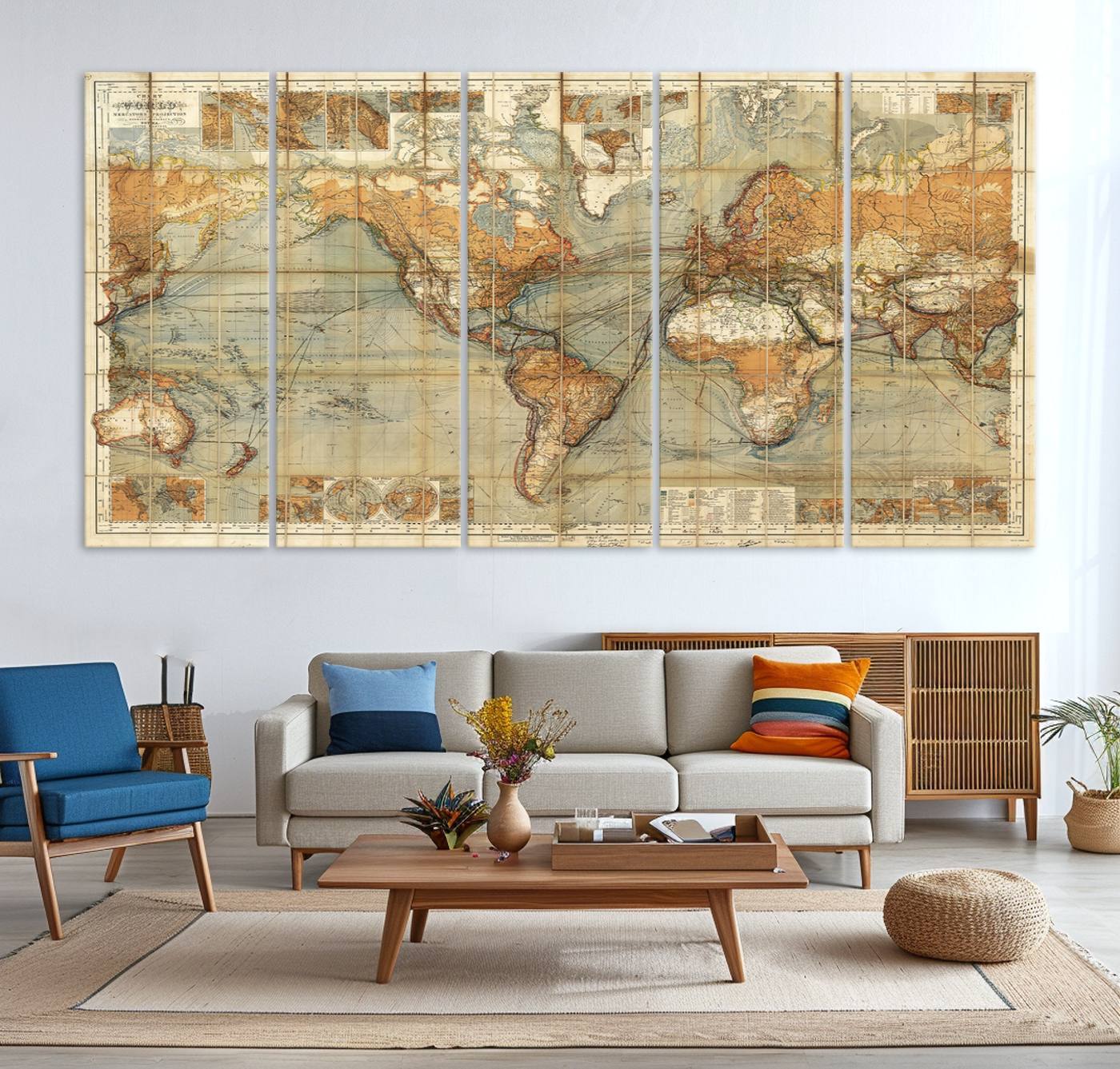 91338-MGV-CV-36X24-Chart of the World on Mercator Vintage World Map Wall Art Canvas Print, Historical World Map Print, Large Antique World Map Wall Art