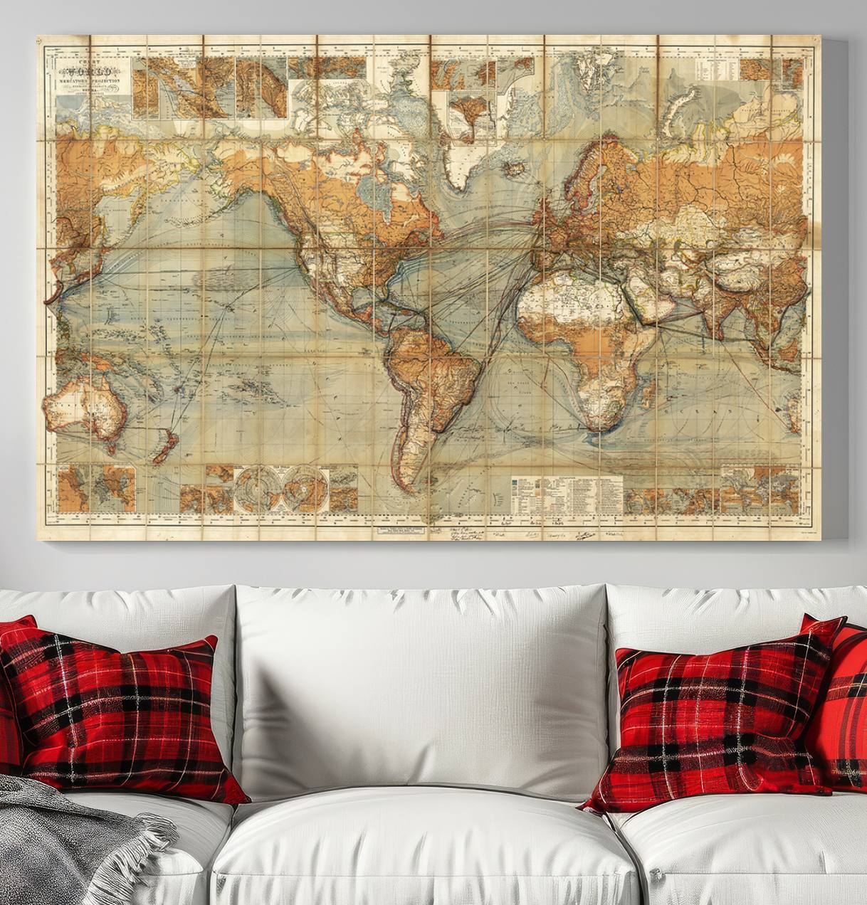 91338-MGV-CV-36X24-Chart of the World on Mercator Vintage World Map Wall Art Canvas Print, Historical World Map Print, Large Antique World Map Wall Art