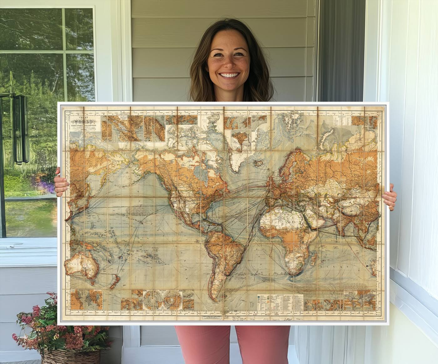91338-MGV-CV-36X24-Chart of the World on Mercator Vintage World Map Wall Art Canvas Print, Historical World Map Print, Large Antique World Map Wall Art