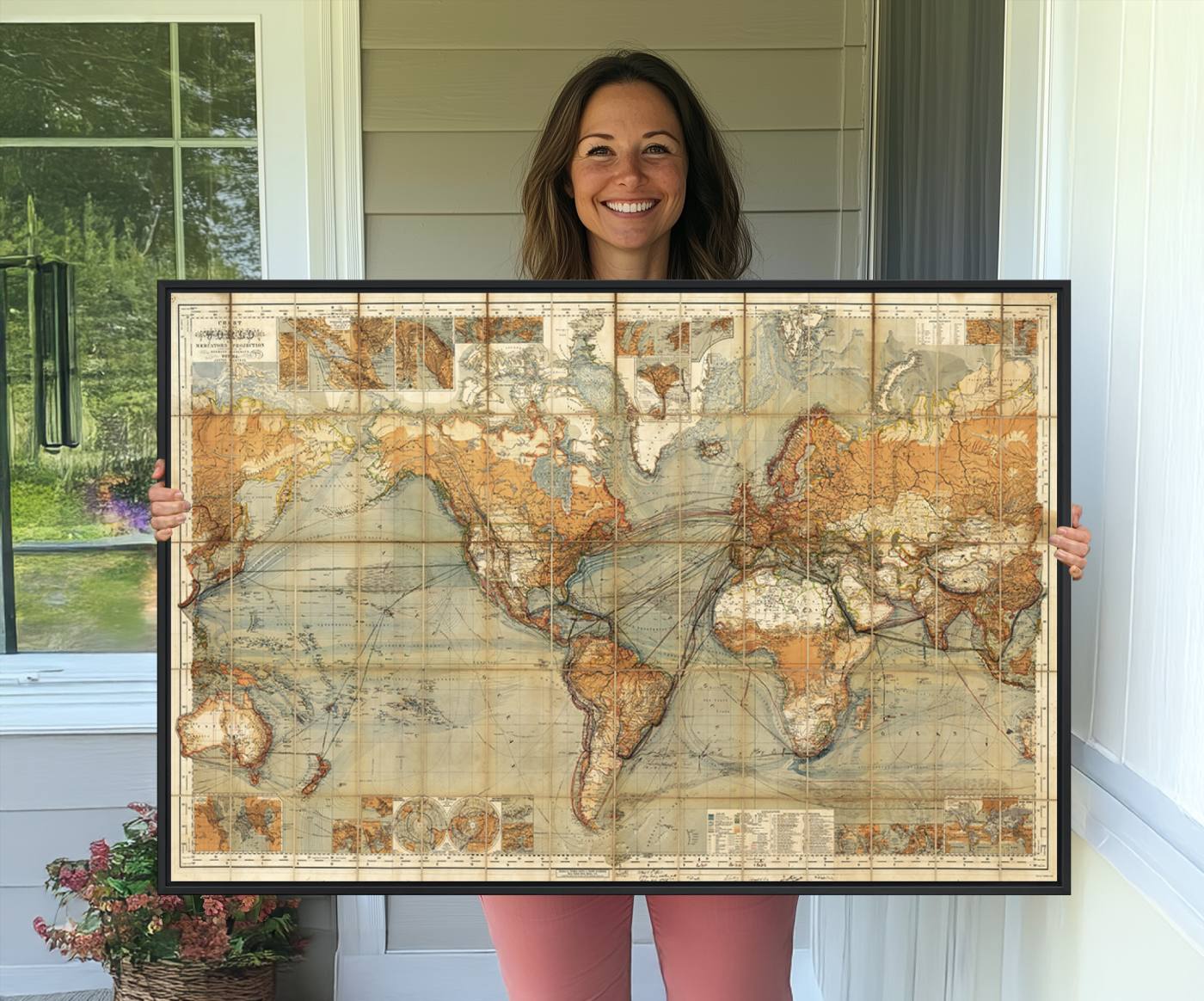 91338-MGV-CV-36X24-Chart of the World on Mercator Vintage World Map Wall Art Canvas Print, Historical World Map Print, Large Antique World Map Wall Art