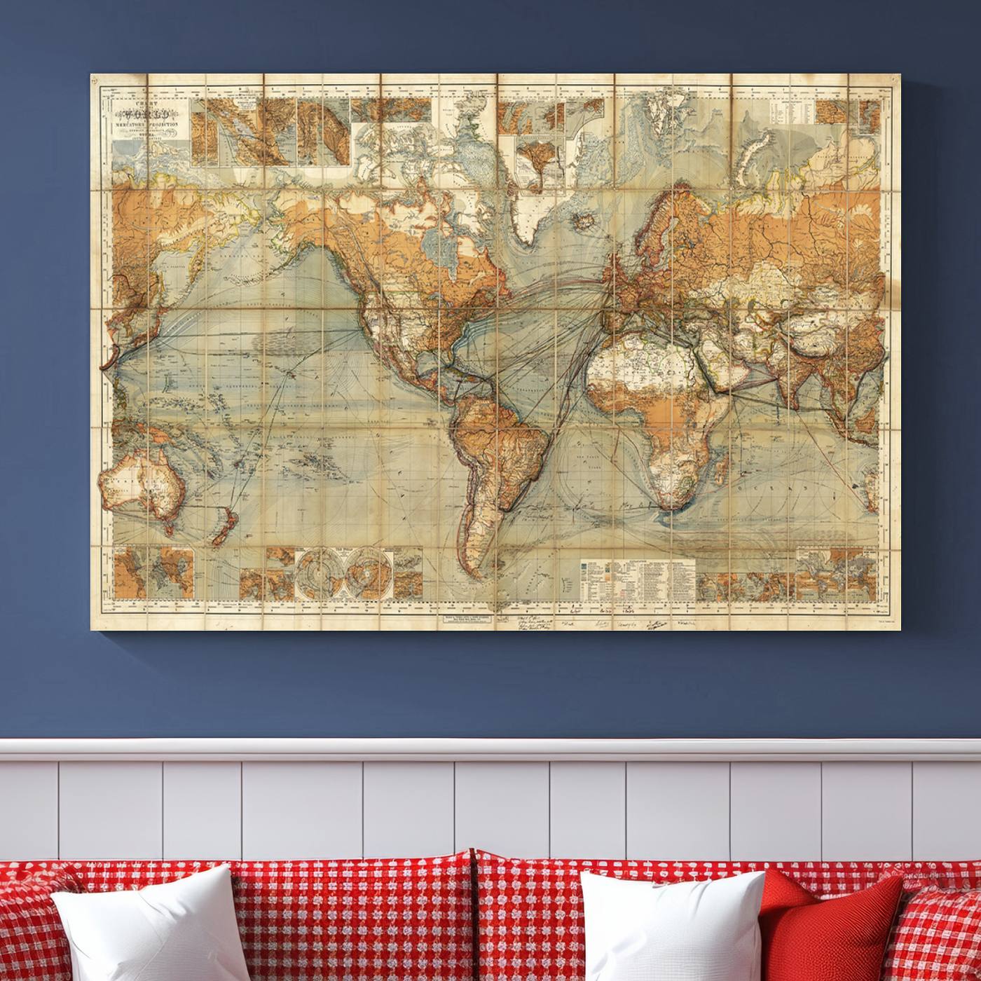 91338-MGV-CV-36X24-Chart of the World on Mercator Vintage World Map Wall Art Canvas Print, Historical World Map Print, Large Antique World Map Wall Art