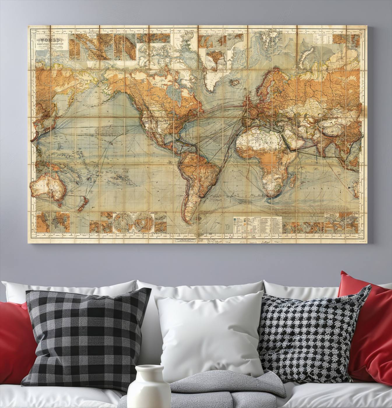 91338-MGV-CV-36X24-Chart of the World on Mercator Vintage World Map Wall Art Canvas Print, Historical World Map Print, Large Antique World Map Wall Art