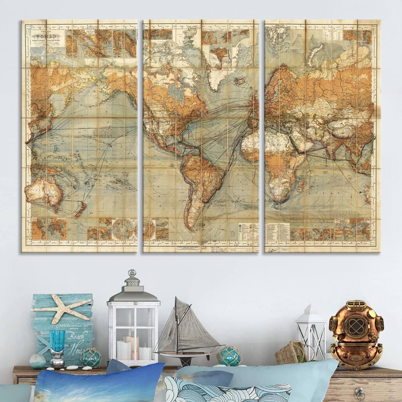 91338-MGV-CV-48X32-3P-Chart of the World on Mercator Vintage World Map Wall Art Canvas Print, Historical World Map Print, Large Antique World Map Wall Art