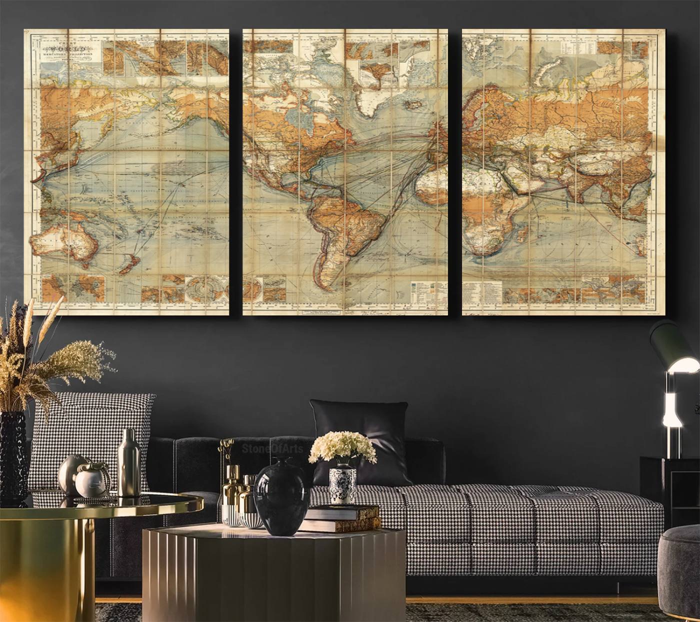 91338-MGV-CV-60X30-3P-Chart of the World on Mercator Vintage World Map Wall Art Canvas Print, Historical World Map Print, Large Antique World Map Wall Art