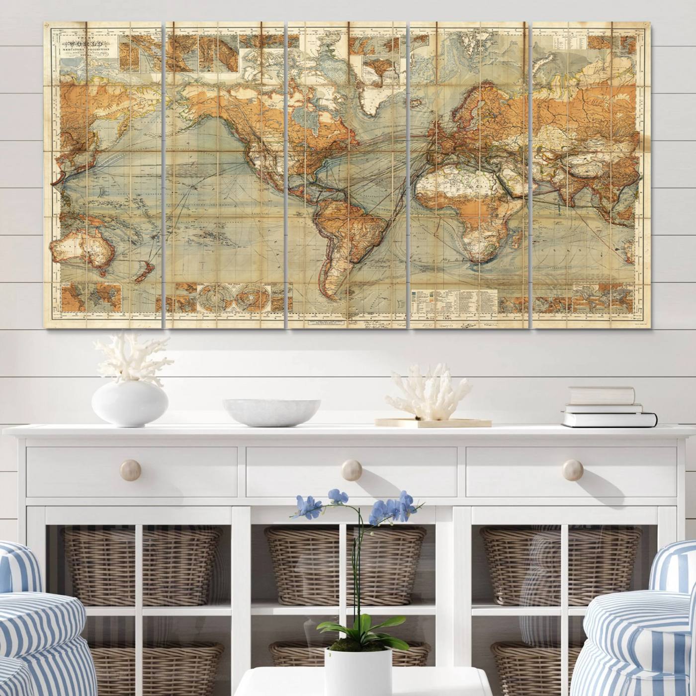 91338-MGV-CV-60X31-5P-Chart of the World on Mercator Vintage World Map Wall Art Canvas Print, Historical World Map Print, Large Antique World Map Wall Art