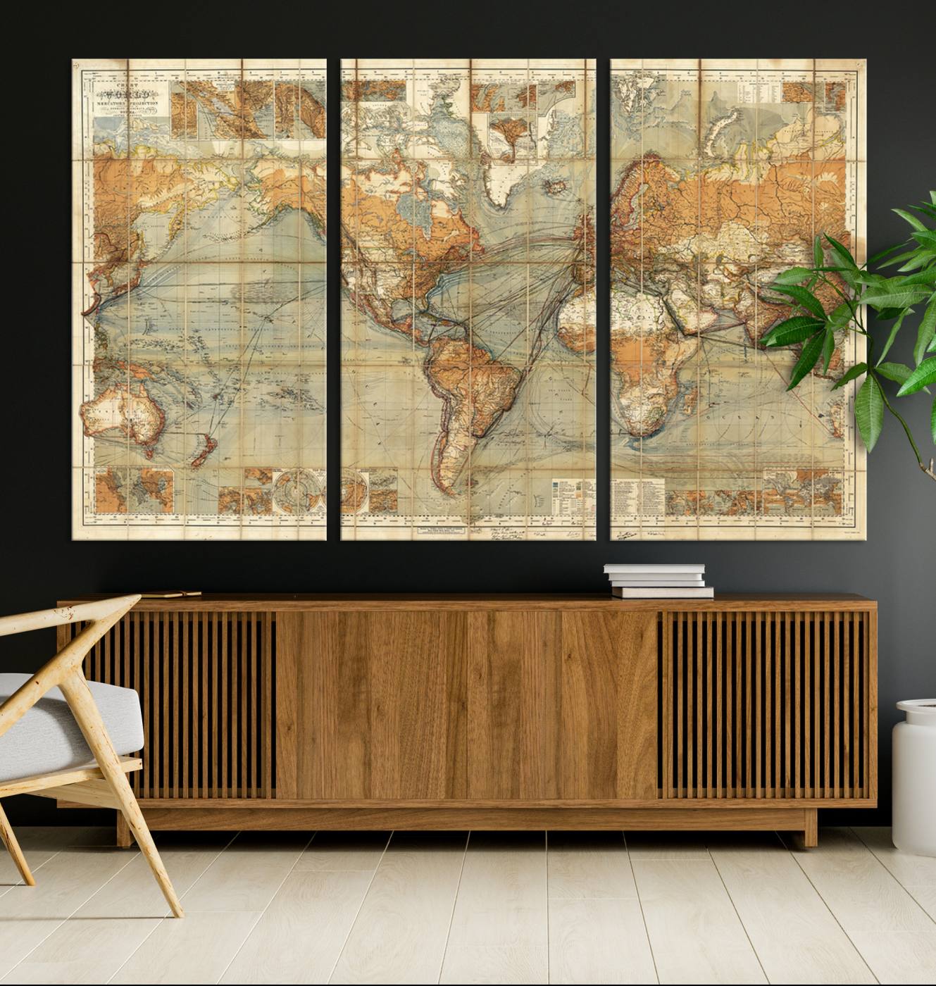 91338-MGV-CV-36X24-Chart of the World on Mercator Vintage World Map Wall Art Canvas Print, Historical World Map Print, Large Antique World Map Wall Art