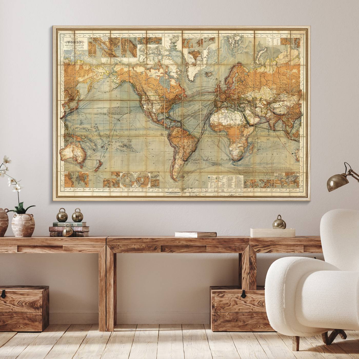 91338-MGV-FC-36X24_Natural-Chart of the World on Mercator Vintage World Map Wall Art Canvas Print, Historical World Map Print, Large Antique World Map Wall Art
