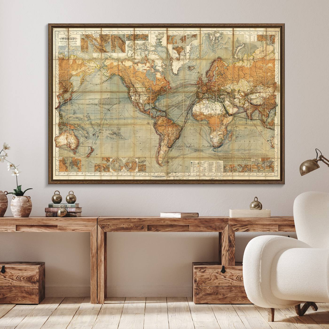 91338-MGV-FC-36X24_Walnut-Chart of the World on Mercator Vintage World Map Wall Art Canvas Print, Historical World Map Print, Large Antique World Map Wall Art