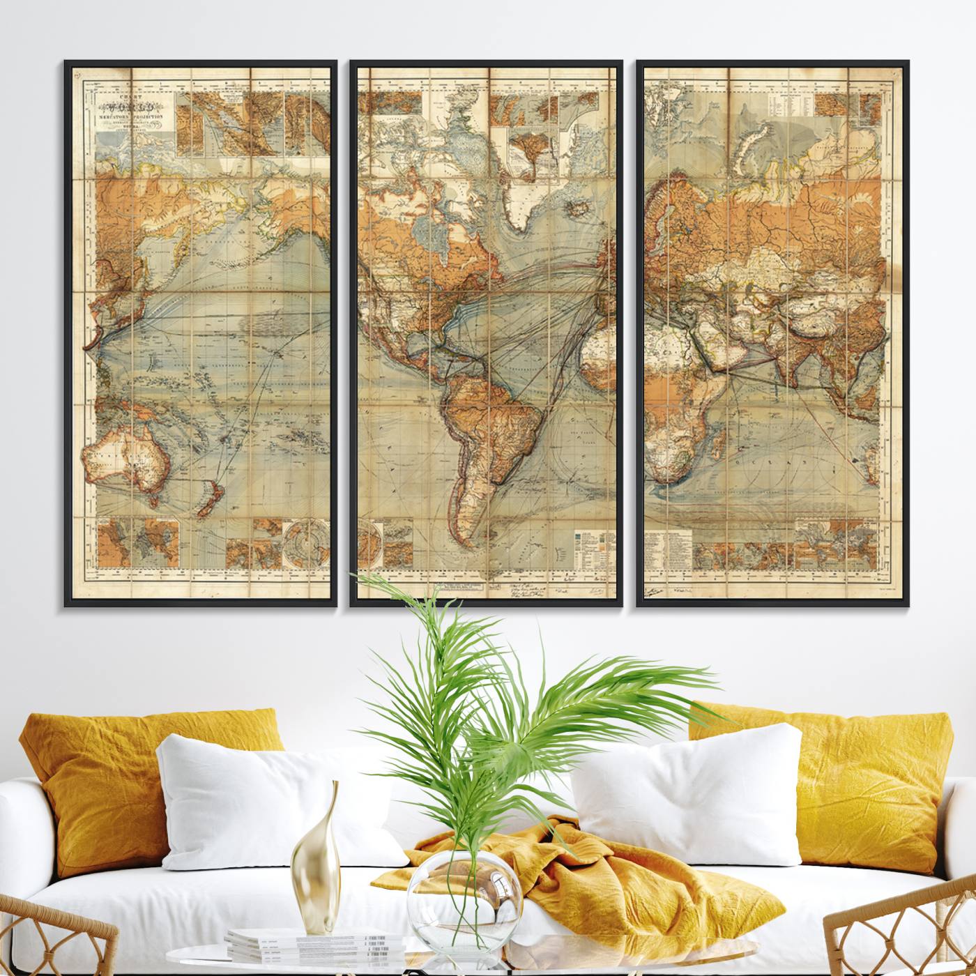 91338-MGV-FC-48X32-3P_Black-Chart of the World on Mercator Vintage World Map Wall Art Canvas Print, Historical World Map Print, Large Antique World Map Wall Art