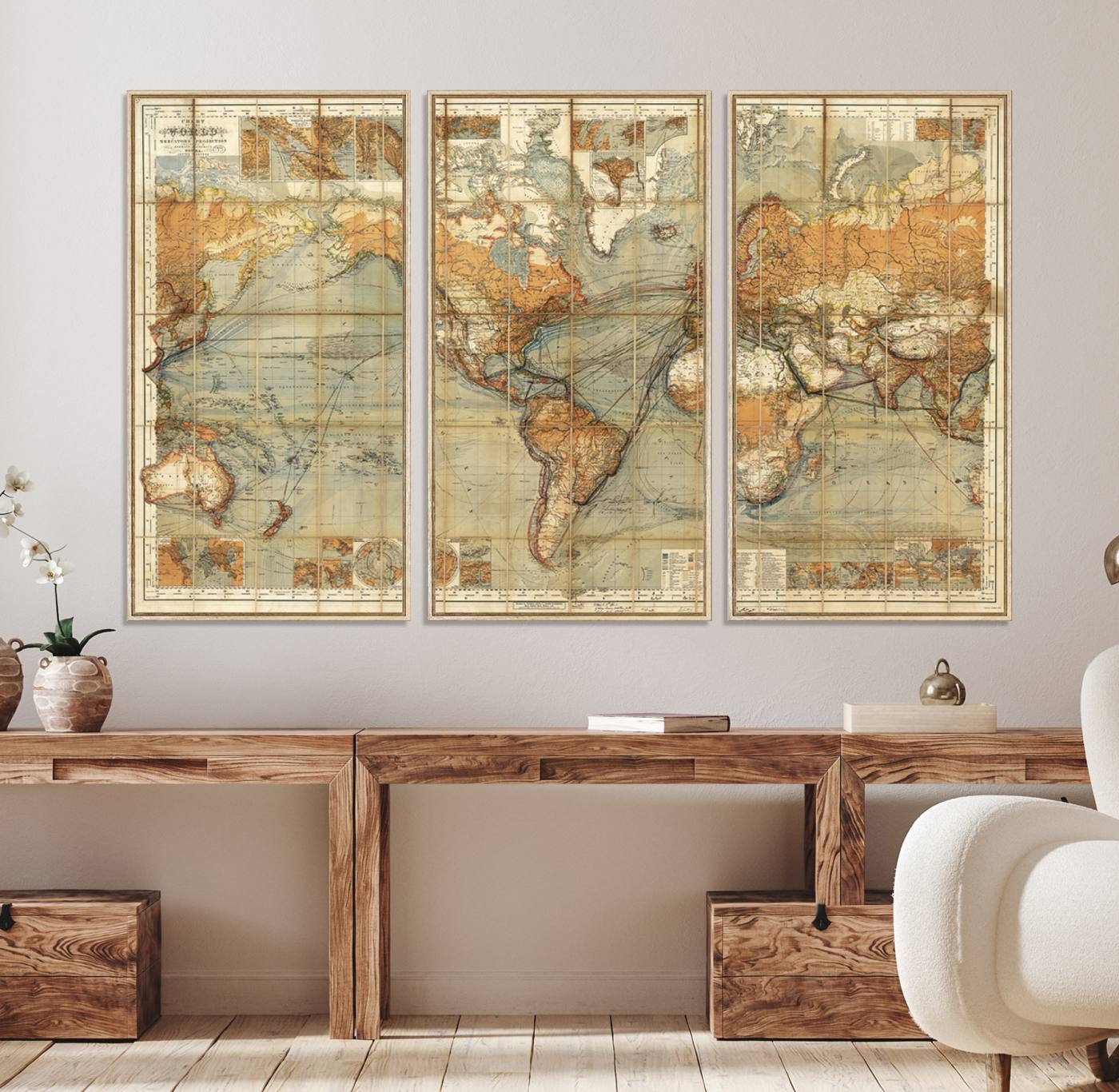 91338-MGV-FC-48X32-3P_Natural-Chart of the World on Mercator Vintage World Map Wall Art Canvas Print, Historical World Map Print, Large Antique World Map Wall Art