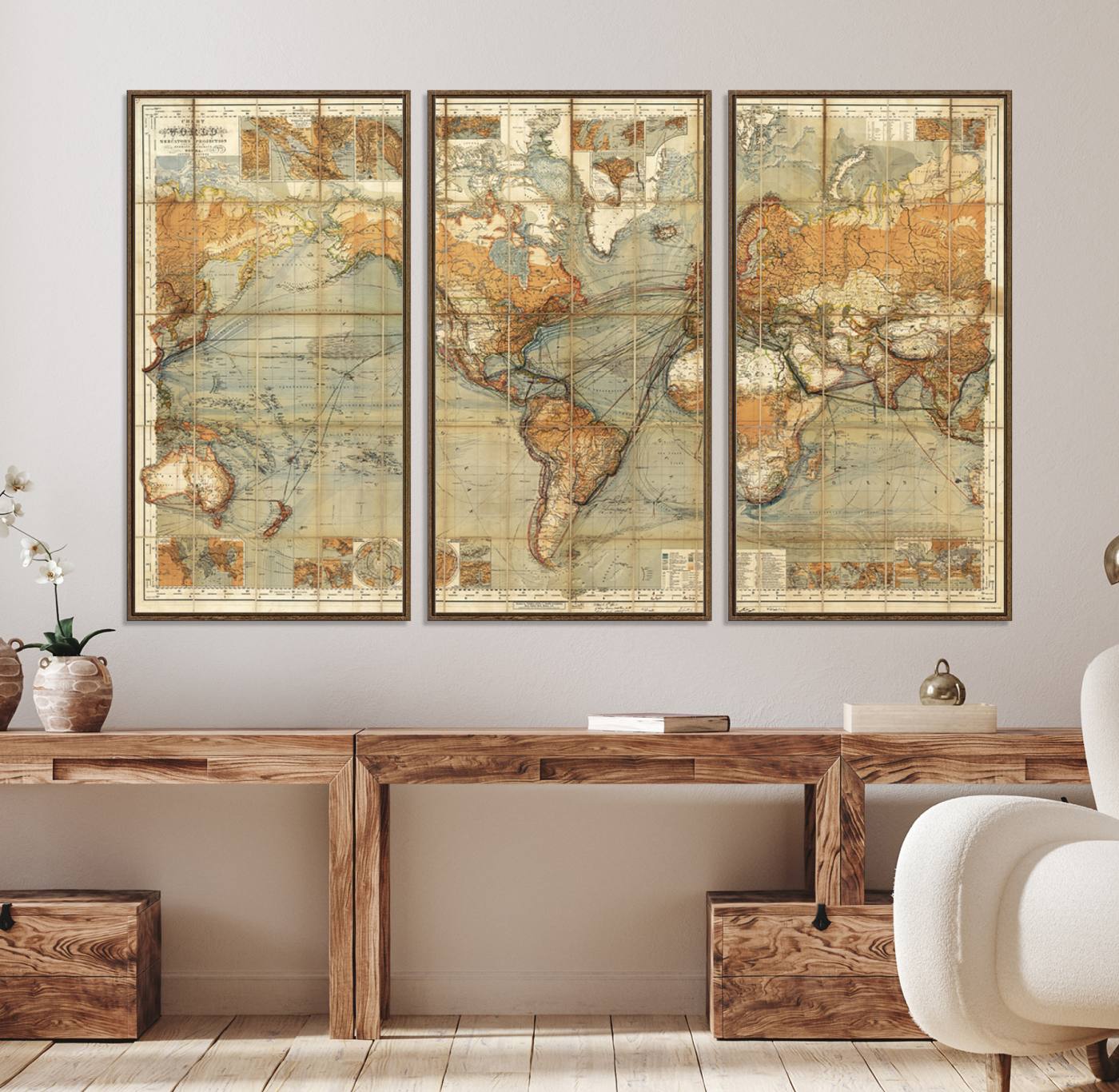 91338-MGV-FC-48X32-3P_Walnut-Chart of the World on Mercator Vintage World Map Wall Art Canvas Print, Historical World Map Print, Large Antique World Map Wall Art