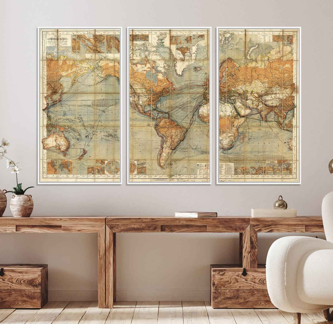 91338-MGV-FC-48X32-3P_White-Chart of the World on Mercator Vintage World Map Wall Art Canvas Print, Historical World Map Print, Large Antique World Map Wall Art