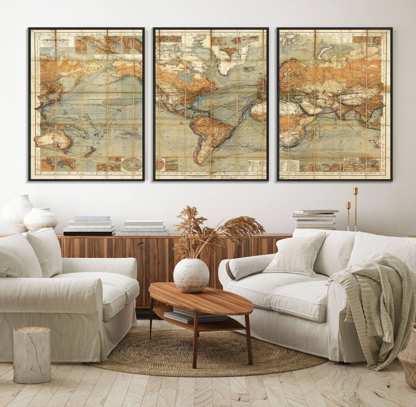 91338-MGV-FC-60X30-3P_Black-Chart of the World on Mercator Vintage World Map Wall Art Canvas Print, Historical World Map Print, Large Antique World Map Wall Art