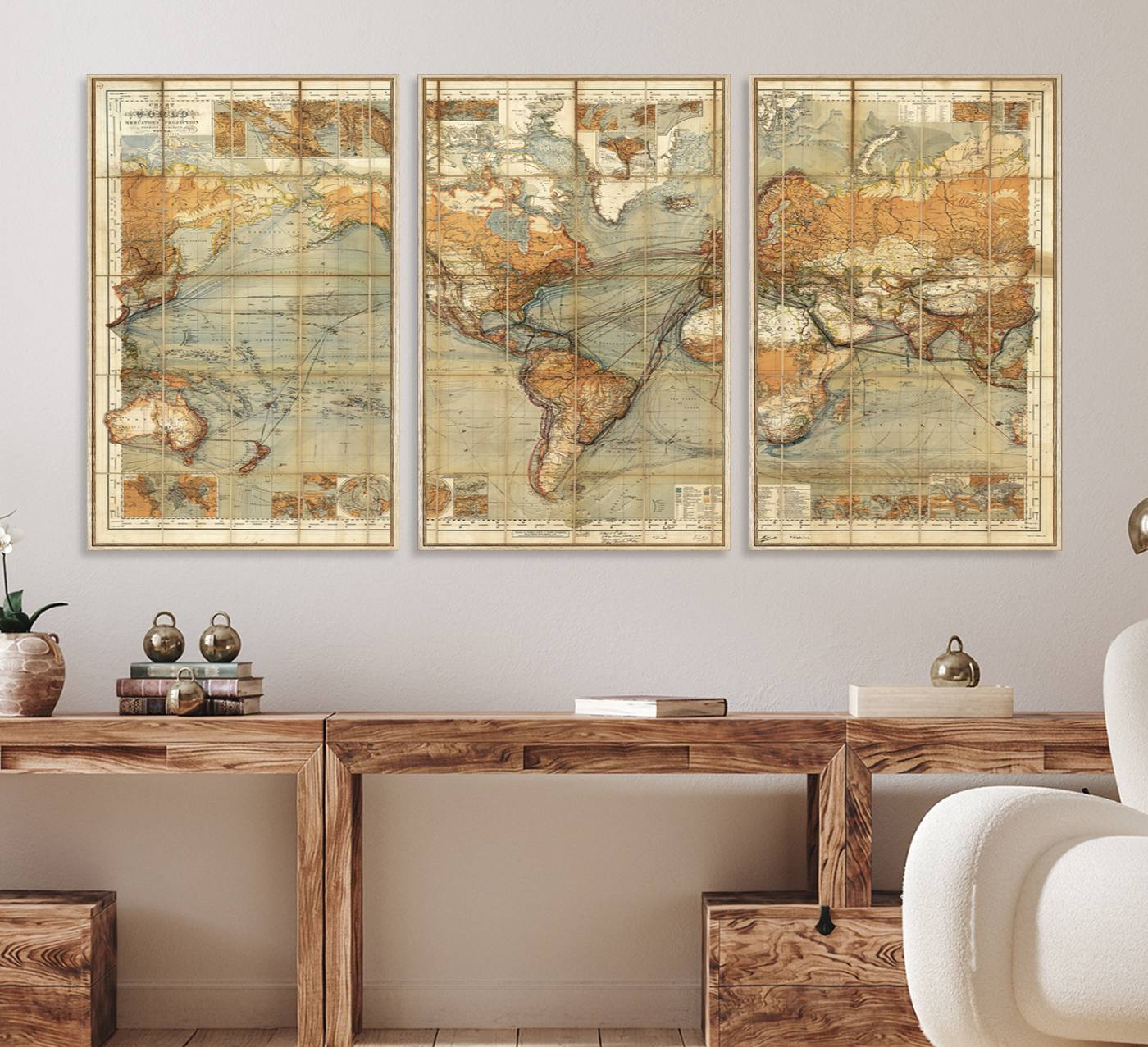 91338-MGV-FC-60X30-3P_Natural-Chart of the World on Mercator Vintage World Map Wall Art Canvas Print, Historical World Map Print, Large Antique World Map Wall Art