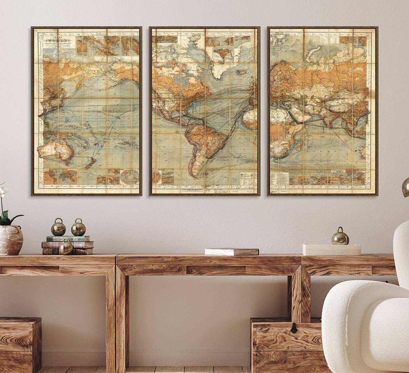 91338-MGV-FC-60X30-3P_Walnut-Chart of the World on Mercator Vintage World Map Wall Art Canvas Print, Historical World Map Print, Large Antique World Map Wall Art