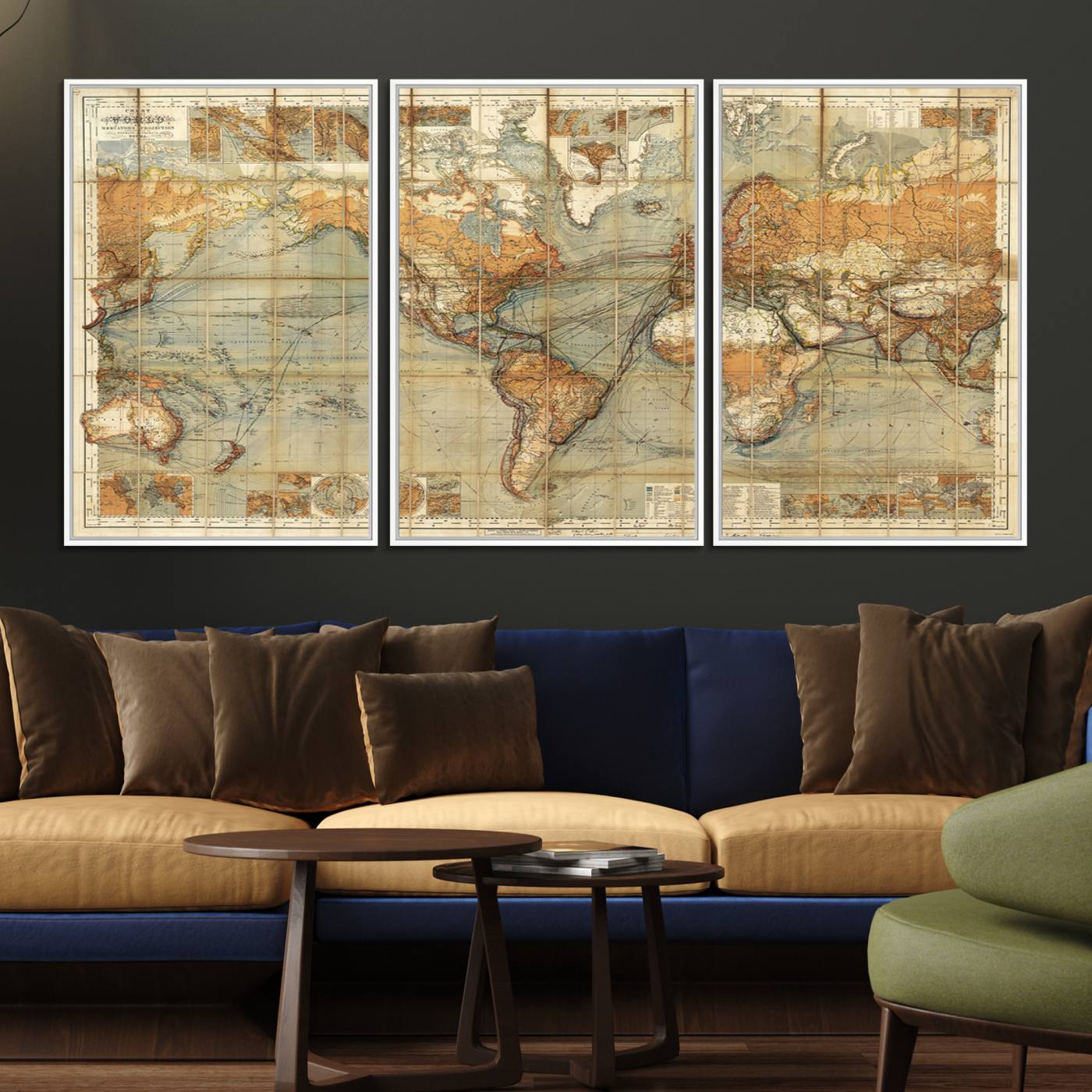 91338-MGV-FC-60X30-3P_White-Chart of the World on Mercator Vintage World Map Wall Art Canvas Print, Historical World Map Print, Large Antique World Map Wall Art