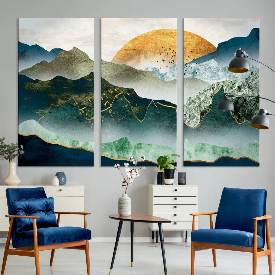 The "Cheering Sunrise Abstract Painting Canvas Art Print Abstract Landscape Wall Art" on the wall is showcased on museum-quality canvases, ensuring a vibrant display that lasts.