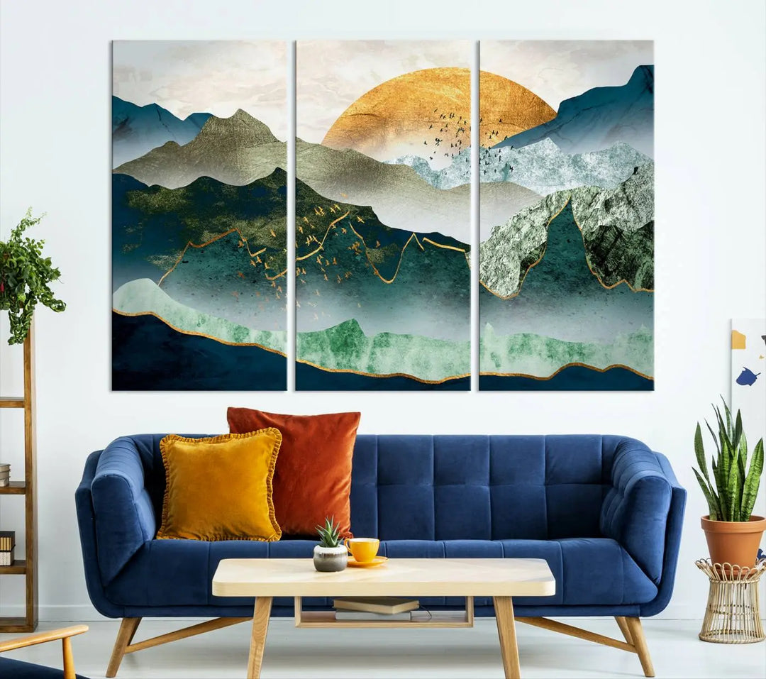 The "Cheering Sunrise Abstract Painting Canvas Art Print Abstract Landscape Wall Art" on the wall is showcased on museum-quality canvases, ensuring a vibrant display that lasts.