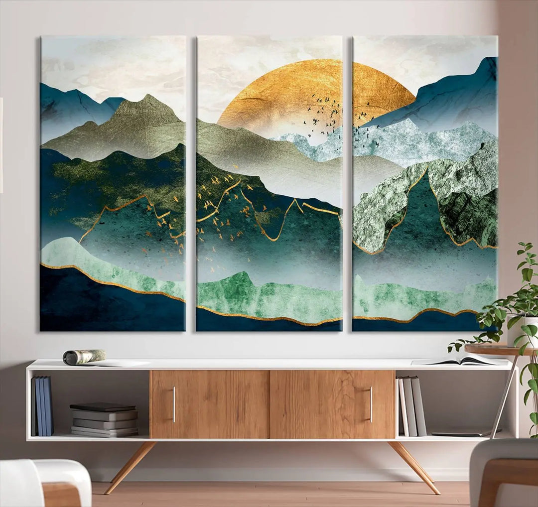 The "Cheering Sunrise Abstract Painting Canvas Art Print Abstract Landscape Wall Art" on the wall is showcased on museum-quality canvases, ensuring a vibrant display that lasts.