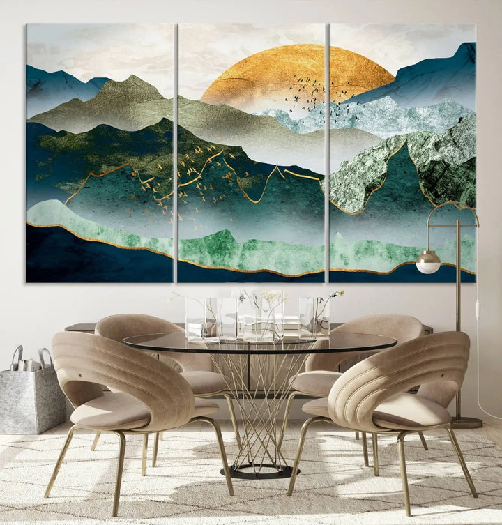 The "Cheering Sunrise Abstract Painting Canvas Art Print Abstract Landscape Wall Art" on the wall is showcased on museum-quality canvases, ensuring a vibrant display that lasts.