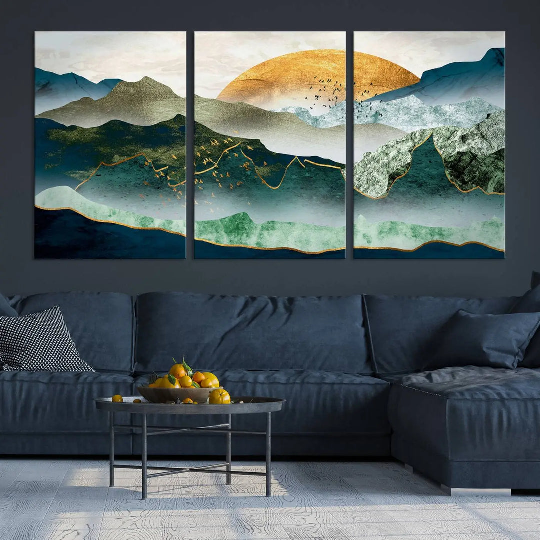 The "Cheering Sunrise Abstract Painting Canvas Art Print Abstract Landscape Wall Art" on the wall is showcased on museum-quality canvases, ensuring a vibrant display that lasts.