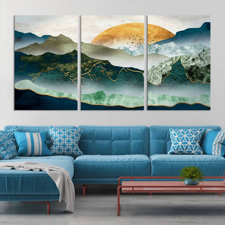 The "Cheering Sunrise Abstract Painting Canvas Art Print Abstract Landscape Wall Art" on the wall is showcased on museum-quality canvases, ensuring a vibrant display that lasts.