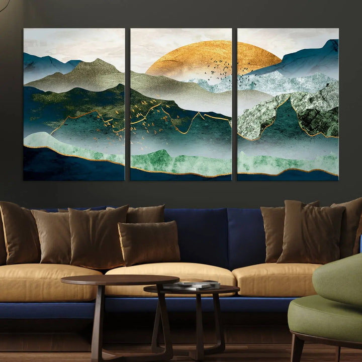 The "Cheering Sunrise Abstract Painting Canvas Art Print Abstract Landscape Wall Art" on the wall is showcased on museum-quality canvases, ensuring a vibrant display that lasts.