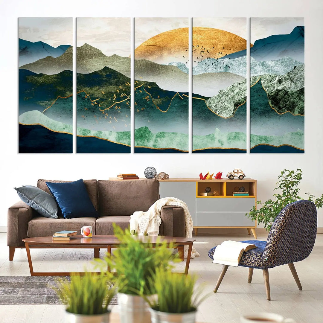 The "Cheering Sunrise Abstract Painting Canvas Art Print Abstract Landscape Wall Art" on the wall is showcased on museum-quality canvases, ensuring a vibrant display that lasts.