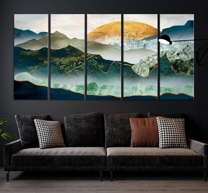 The "Cheering Sunrise Abstract Painting Canvas Art Print Abstract Landscape Wall Art" on the wall is showcased on museum-quality canvases, ensuring a vibrant display that lasts.