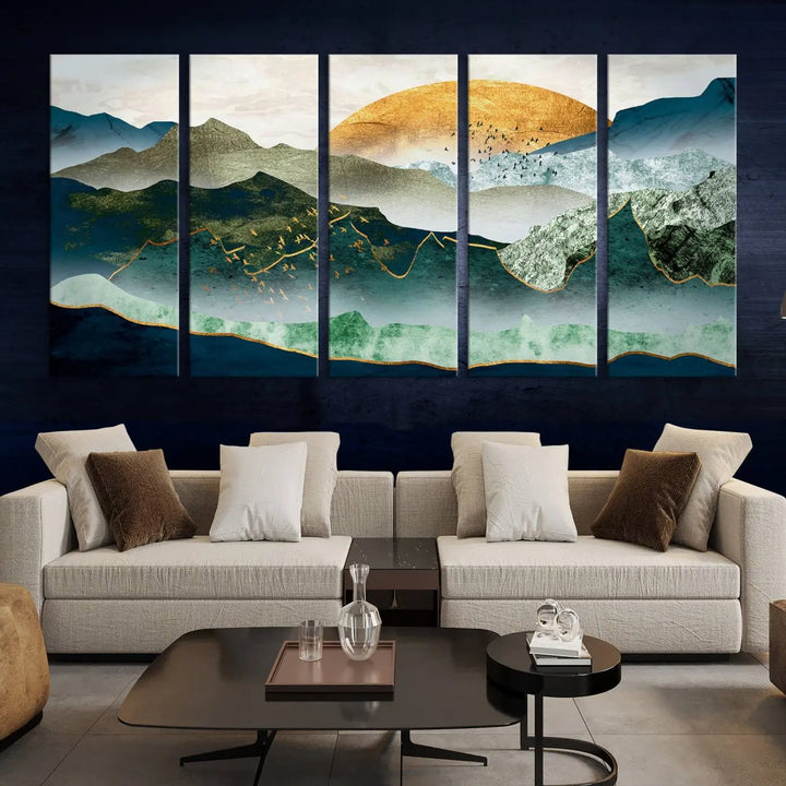 The "Cheering Sunrise Abstract Painting Canvas Art Print Abstract Landscape Wall Art" on the wall is showcased on museum-quality canvases, ensuring a vibrant display that lasts.