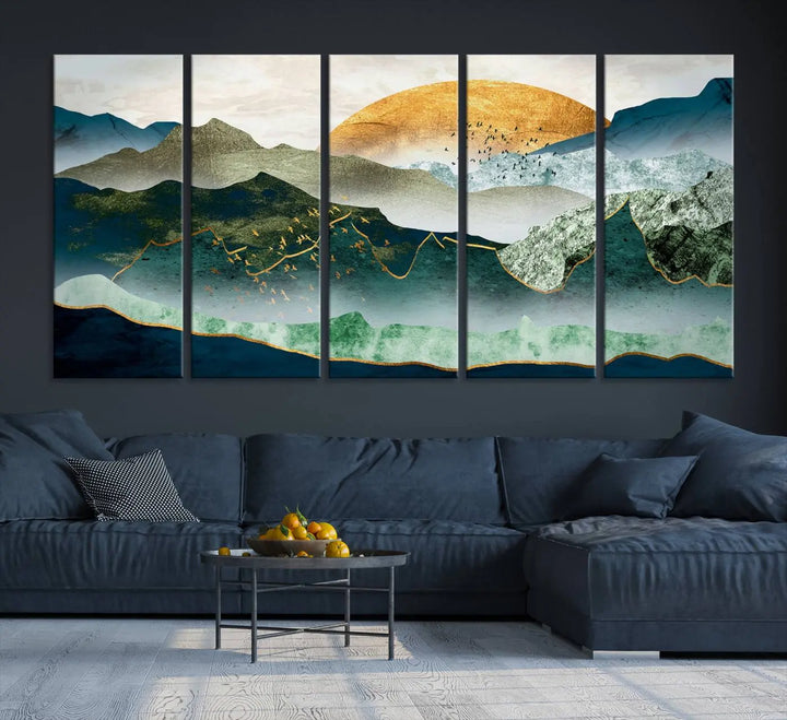 The "Cheering Sunrise Abstract Painting Canvas Art Print Abstract Landscape Wall Art" on the wall is showcased on museum-quality canvases, ensuring a vibrant display that lasts.