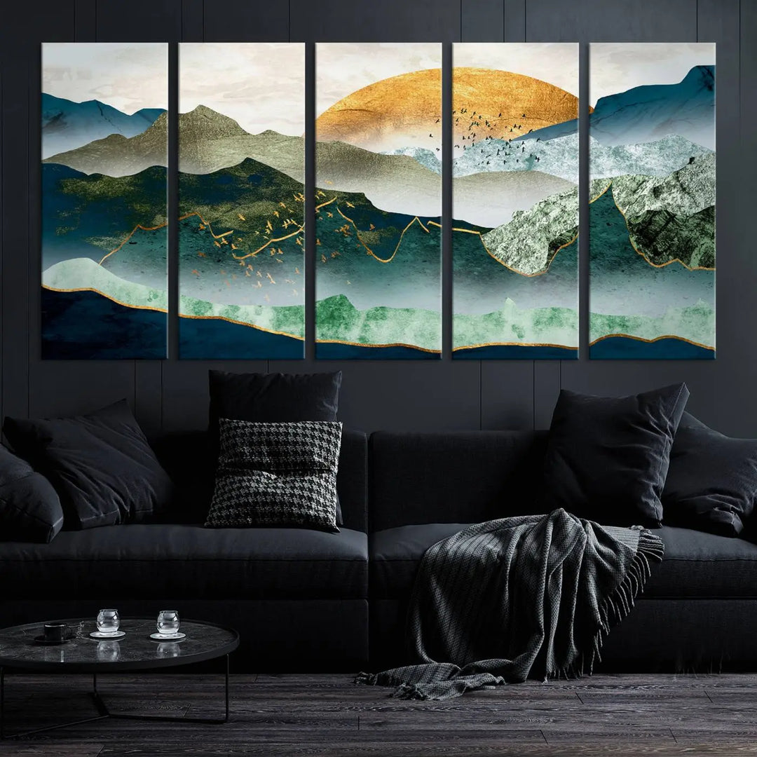 The "Cheering Sunrise Abstract Painting Canvas Art Print Abstract Landscape Wall Art" on the wall is showcased on museum-quality canvases, ensuring a vibrant display that lasts.