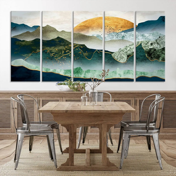 The "Cheering Sunrise Abstract Painting Canvas Art Print Abstract Landscape Wall Art" on the wall is showcased on museum-quality canvases, ensuring a vibrant display that lasts.