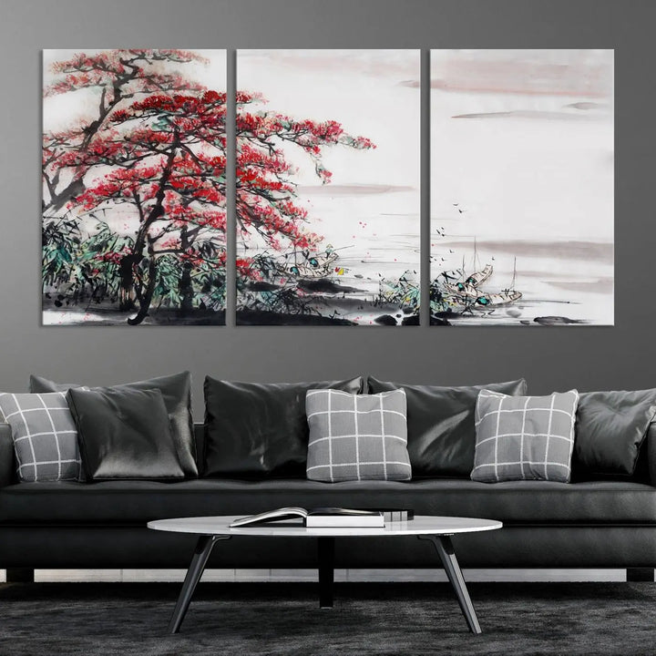 The Cherry Blossom Art Painting Canvas Wall Art, depicting a red tree and abstract landscape on museum-quality canvases, adorns the gray wall. These gallery-wrapped pieces are enhanced with UV-protective coating to preserve their vivid allure.