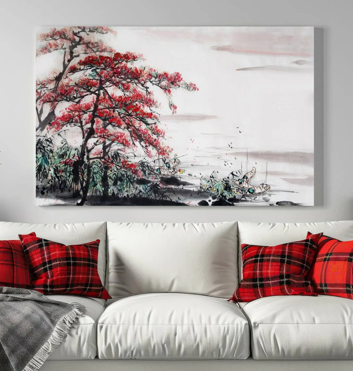 The Cherry Blossom Art Painting Canvas Wall Art, depicting a red tree and abstract landscape on museum-quality canvases, adorns the gray wall. These gallery-wrapped pieces are enhanced with UV-protective coating to preserve their vivid allure.