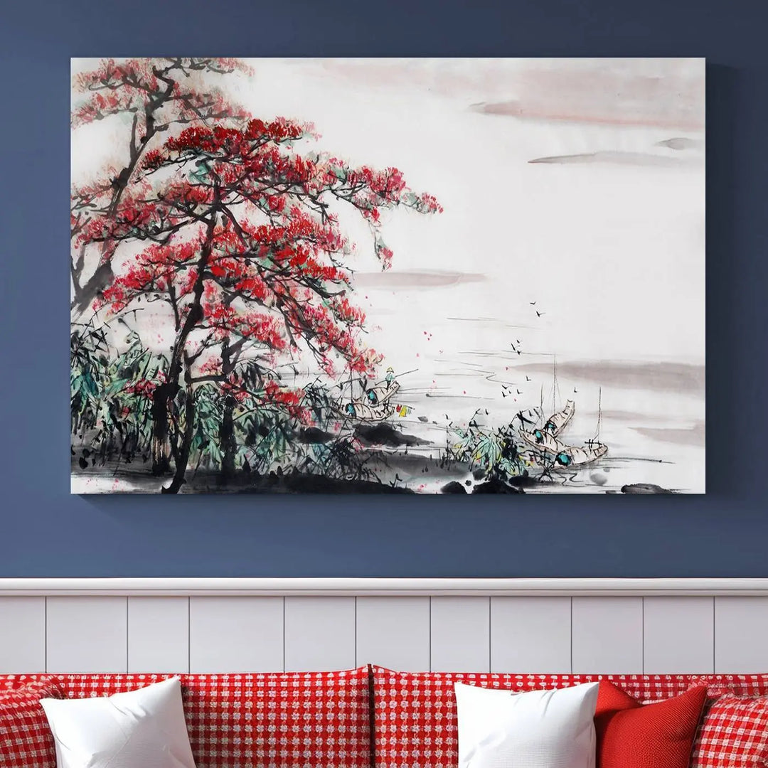 The Cherry Blossom Art Painting Canvas Wall Art, depicting a red tree and abstract landscape on museum-quality canvases, adorns the gray wall. These gallery-wrapped pieces are enhanced with UV-protective coating to preserve their vivid allure.