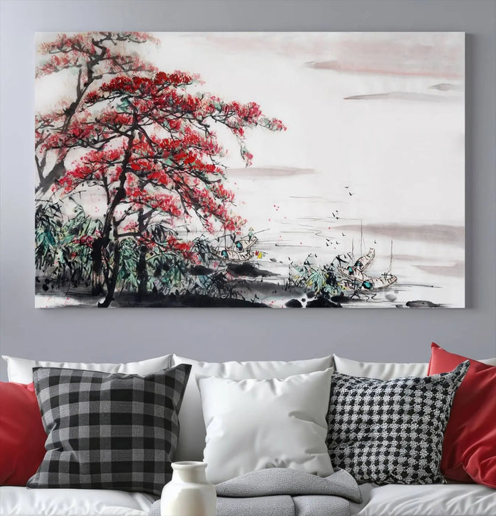 The Cherry Blossom Art Painting Canvas Wall Art, depicting a red tree and abstract landscape on museum-quality canvases, adorns the gray wall. These gallery-wrapped pieces are enhanced with UV-protective coating to preserve their vivid allure.