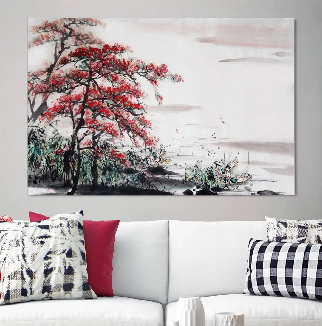 The Cherry Blossom Art Painting Canvas Wall Art, depicting a red tree and abstract landscape on museum-quality canvases, adorns the gray wall. These gallery-wrapped pieces are enhanced with UV-protective coating to preserve their vivid allure.