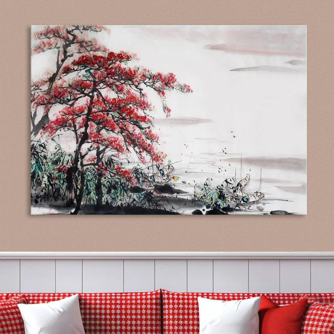 The Cherry Blossom Art Painting Canvas Wall Art, depicting a red tree and abstract landscape on museum-quality canvases, adorns the gray wall. These gallery-wrapped pieces are enhanced with UV-protective coating to preserve their vivid allure.