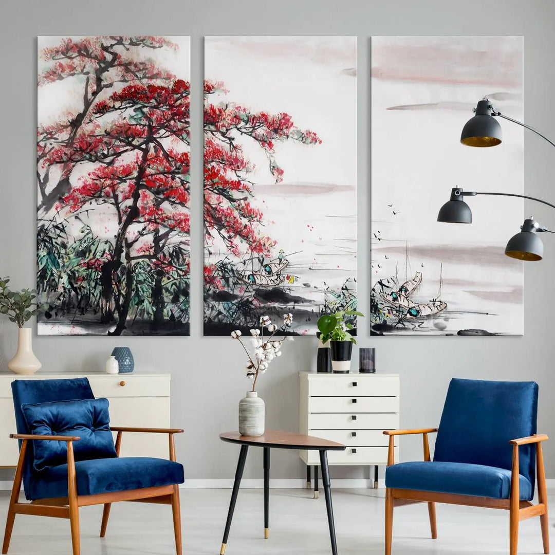 The Cherry Blossom Art Painting Canvas Wall Art, depicting a red tree and abstract landscape on museum-quality canvases, adorns the gray wall. These gallery-wrapped pieces are enhanced with UV-protective coating to preserve their vivid allure.