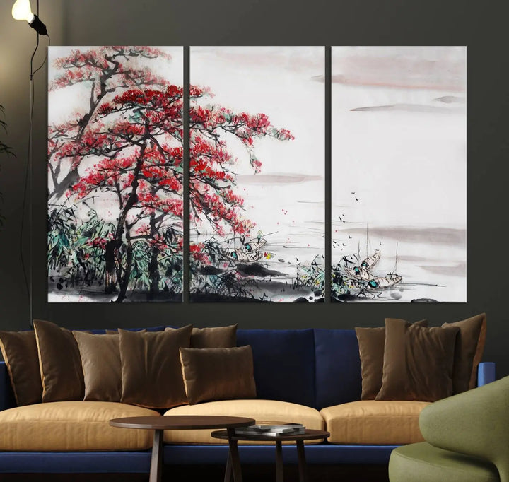 The Cherry Blossom Art Painting Canvas Wall Art, depicting a red tree and abstract landscape on museum-quality canvases, adorns the gray wall. These gallery-wrapped pieces are enhanced with UV-protective coating to preserve their vivid allure.