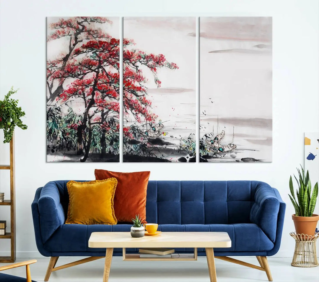 The Cherry Blossom Art Painting Canvas Wall Art, depicting a red tree and abstract landscape on museum-quality canvases, adorns the gray wall. These gallery-wrapped pieces are enhanced with UV-protective coating to preserve their vivid allure.